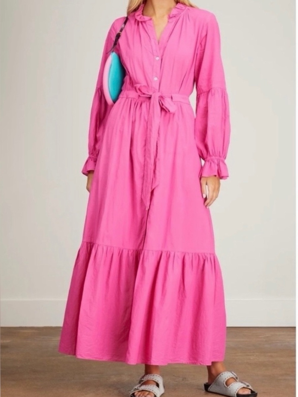 Xirena Cotton Poplin Long Sleeve Button Front Belted Maxi Dress Pink Medium
